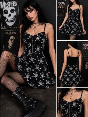 Royal Bones Skull Crossbones Fit & Flare Mini Dress Goth Punk Emo XL Skater Y2K